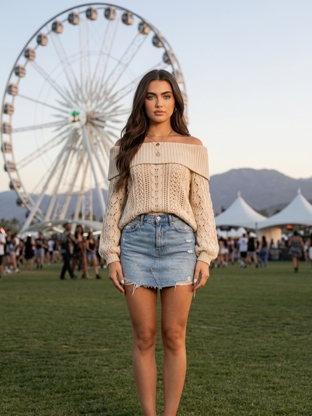Anthropologie Moon & Madison Beige Crochet Knit Sweater Boho Off Shoulder